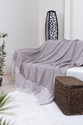 Pamuklu Püsküllü Elmas Desenli Koltuk Örtüsü 170x210 Cm Dekoratif Kanepe, Yatak Ve Tv Örtüsü Kahverengi