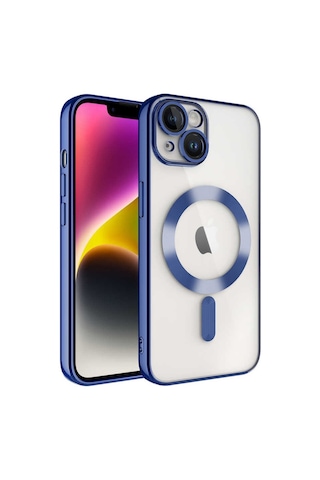Apple Uyumlu iPhone 13 Kapak Mag Safe Özellikli Lens Korumalı Logo Gösteren Şeffaf Silikon Kılıf - Mavi