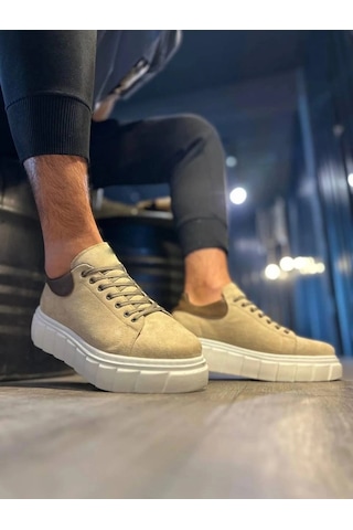 Mevese Ares Bağcıklı Süet Erkek Günlük Sneaker Yüksek Taban Ayakkabı - Krem