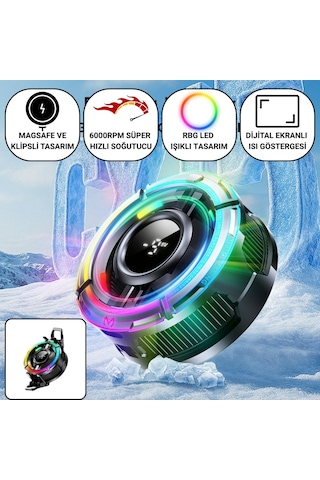 Polham Magsafe Ve Klipsli Rgb Led Süper Soğutucu 6000rpm Ultra Hızlı Fan Dijital Ekranlı Isı Göstergeli