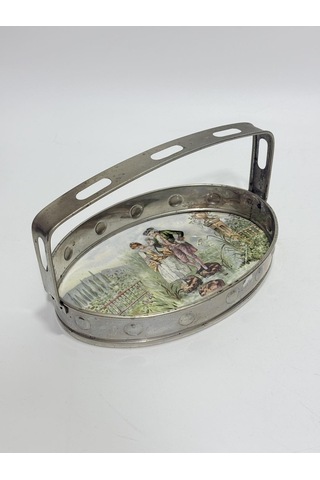 Antika Gümüş Kaplama Porselen Tabanlı Tepsi 23x11cm