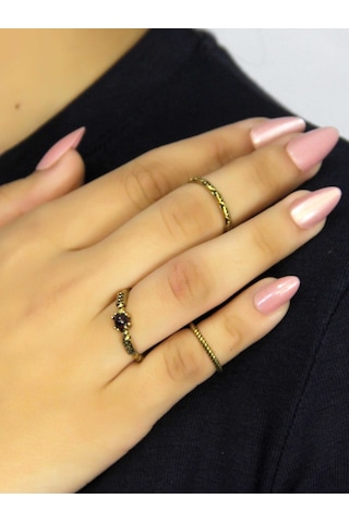 Doğal Taşlı 3'lü Garnet Lal Doğal Taşlı Antik Modelli Kadın Ayarlanabilir Yüzük Seti Euy84 Kırmızı