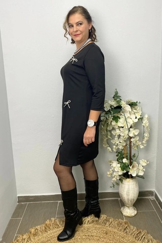 Mia Butik Kadın Siyah Broş Hediyeli Star Elbise Siyah