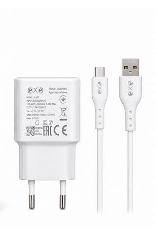 Exe 2.1a Seyahat Şarj Adaptörü Micro Usb Kablolu Hızlı Şarj Seti Beyaz 0