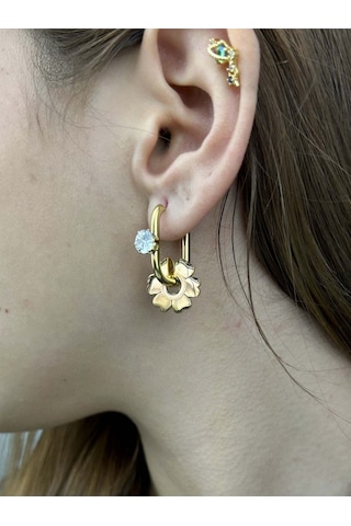 Zirkon Taşlı, Çiçek Figürlü, Paslanmaz Çelik Küpe 77, Altın Renk Altın