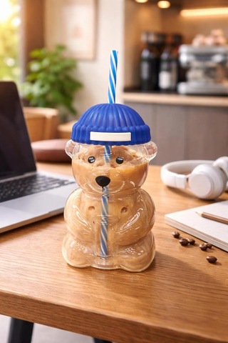 Bearista Ayıcık Pipetli Borosilikat Bardak 580 Ml Lacivert Buzlu Kahve Modeli Lacivert