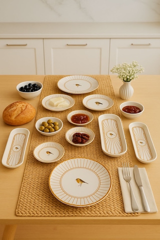 Seramık 6 Kısılık Kuş Desenlı 14 Parca Seramık Kahvaltı Takımı Beyaz