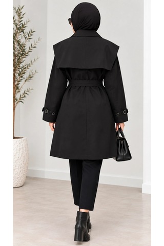 Nevayla Moda Kuşaklı Düğmeli Mevsimlik Trençkot - Siyah / M0118