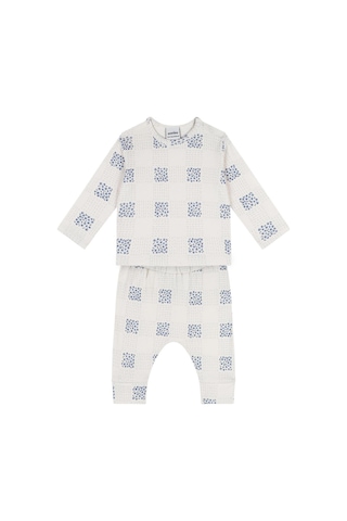 Antebies Organik Krem Ekose Çiçek Desenli Manşetli Uzun Kollu Tshirt Pantolon Kız Bebek Takım