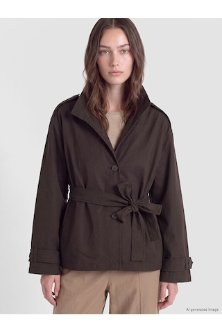 Lcw Modest Kahverengi Dik Yaka Kuşaklı Oversize Kadın Trençkot