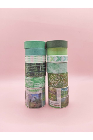 Art Vintage Washi Tape Bant Yapışkanlı Maskeleme Kağıdı Desenli Bant 12'li - Yeşil Claude Monet Tabloları 1