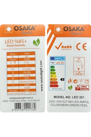 4 Adet Osaka 10w Yeşil Işık E27 Duylu Kalın Duy Led Ampul