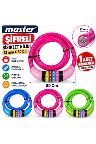 Master Bisiklet Kilidi Extra Sağlam Kilit 12 Mm X 80 Cm Karışık Renk Gönderilir Çok Renkli