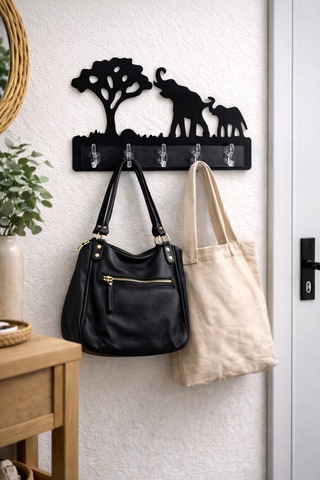 Fil Temalı Dekoratif Duvar Askılığı 6 Kancalı Mdf Anahtarlık Ve Askı 39 X 27,5 Cm Siyah Siyah