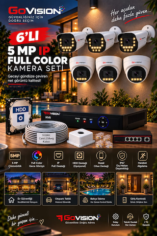 Go Vision 6'lı Güvenlik Dome Bullet Ip Kamera Seti - 3.6mm Lens, H.265, Poe, Warm Led Gece Görüşlü
