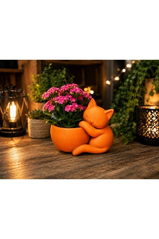 3d Baskı Sarılan Kedi Saksı - Sevimli Dekoratif Saksı - Turuncu -