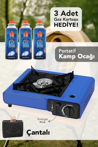 Portatif Kamp Ocağı - Taşıma Çantalı Gazlı Stop Emniyetli Mavi Kamp Ocağı Ve 3 Adet 227 Gr Kartuş Mavi