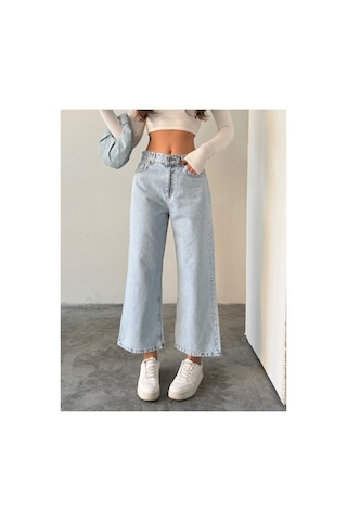 Blue Marlın Buz Kar Yüksek Bel Bilek Boy Kot Bol Paça Jeans Buz Kar