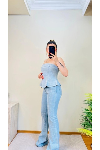 Elora Atelier Taşlı Peplum Straplez Denim İkili Takım Çok Renkli