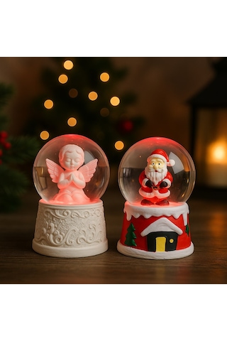 Ev Dekoru Yeni Yıl Huzuru Işıklı Santa Melek Figürlü Ve Noel Baba Temalı Kar Küresi 2'li Seti 6.5 Cm Çok Renkli