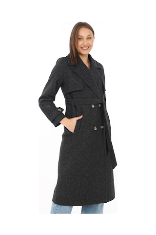 Premium Kadın Kaşe Kaban Uzun Boy, Balık Sırtı Yünlü Kaşmir Dokuma, Kruvaze Kuşaklı Astarlı - Siyah Siyah