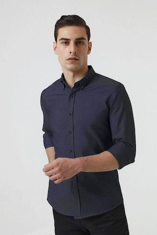 D'S Damat Ds Damat Slim Fit Armürlü Düğmeli Yaka Pamuklu Gömlek 5HC02ORT07265 - Lacivert