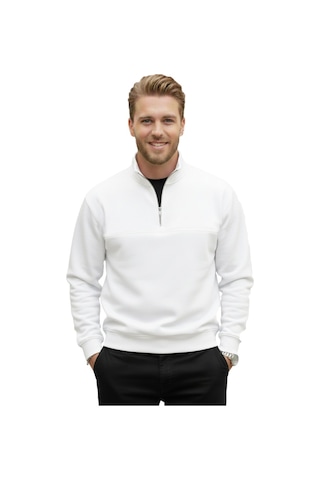 Deepsea Erkek Beyaz Relax Fit İçi Polarlı %100 Pamuk Yarım Fermuarlı Dik Yaka Sweatshirt 2600760 Beyaz
