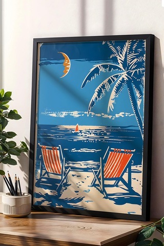 Tropikal Plaj Manzarası Çerçeveli Tablo - Pop Art Poster Tablo