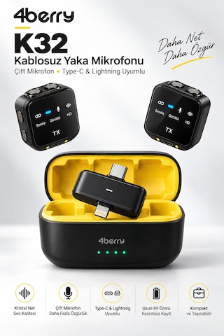 K32 Kablosuz Yaka Mikrofonu Çift Mikrofonlu, Şarj Kutulu, Type-c & Lightning Uyumlu