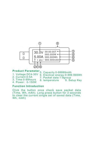 Hellery Usb Metre Gerilim Akım Pil Voltmetre Ampermetre, 3'ü 1 Arada Siyah