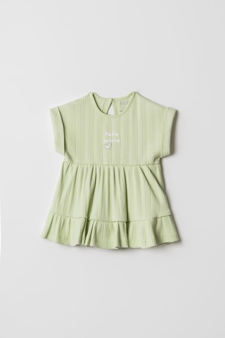 Hafy Baby "hello World" Nakışlı, Fırfırlı, Yazlık Kız Bebek Elbisesi Yeşil