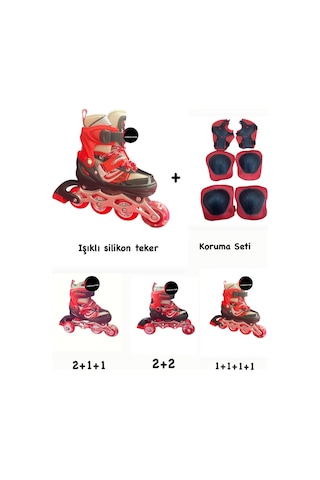Işıklı Çocuk Pateni Ayarlanılabilir Alıştırma Silikon Tekerli Frenli Metal Gövdeli Paten Dizlik Set Kırmızı