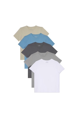 Tudors Unisex 5'li Paket Beyaz-gri-füme-mavi-taş Slim Fit Dar Kesim %100 Pamuk Bisiklet Yaka Tişört-35303 Multi