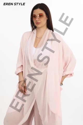 Italyan Ipek Detaylı Oversize Kaftan & Bluz-8711 Pudra