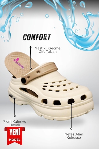 Sermoda Yüksek Çift Taban Taşlı Deniz Havuz Sabo Doktor Hemşire Hastane Comfort Günlük Kadın Terlik Ekru