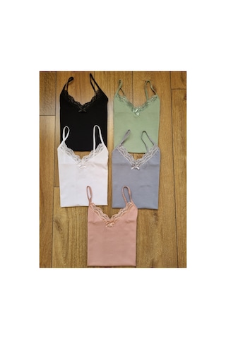 Demirsa Boutique Kadın 5'li Paket Dantelli Pamuklu İp Askılı Atlet Mavi, Yeşil, Pudra, Siyah, Beyaz Mavi-pudra-yeşil-siyah-beyaz5