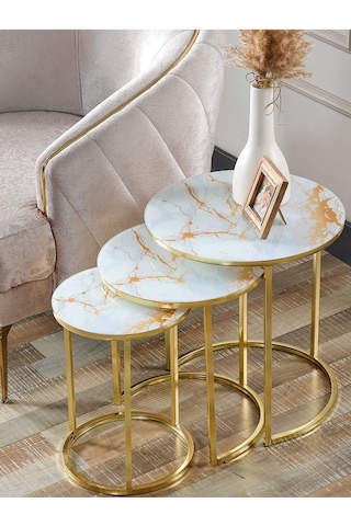 3' Lü Beyaz Sarı Mermer Gold Metal Sehpa