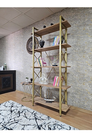 Çıkıntılı Gold Boyalı Kitaplık - 5 Raflı Suntalem Lüks Kitaplık A Çok Renkli