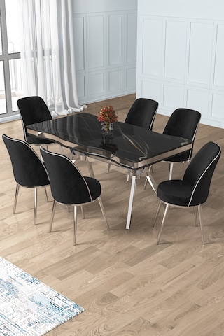 Canisa Prah Serisi 90x160 Lak Panel Sonata Krom Ayak Masa Takımı Ve 6 Siyah Sandalye Siyah Mermer Masa Siyah Sandalye Krom Detay