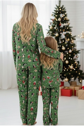 Siyah İnci %100 Pamuklu Puanlı Şeker Baston Desenli Yılbaşı Temalı Örme Pijama Takım Yeşil Penguen