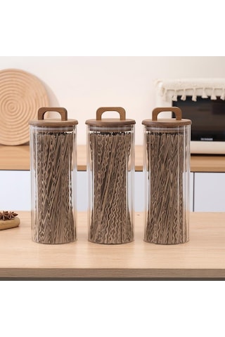 Borosilikat Cam Vakumlu Kavanoz 1550 Ml Akasya Kapaklı Bakliyat & Baharat Kavanozu 3 Adet Şeffaf