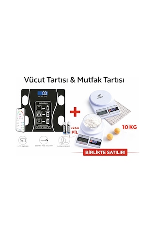 Akıllı Dijital Vücut Tartısı + Hassas Mutfak Tartısı Seti Lcd Ekran 180 Kg / 10 Kg Beyaz