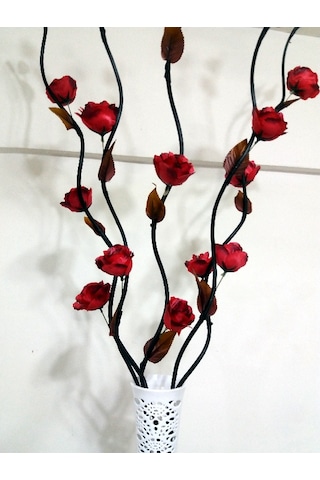 160cm Uzun Dallı Kırmızı Çiçekli 60cm Uzun Desenli Beyaz Vazo