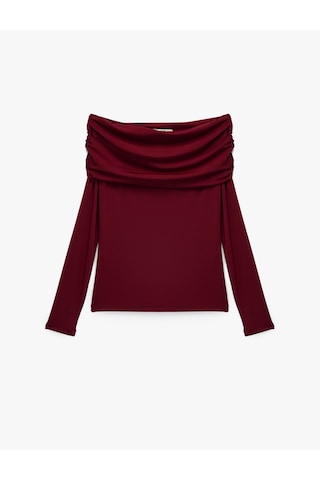 Koton Slim Fit Uzun Kollu Drapeli Omzu Açık Tişört Bordo 6wak80032ek Bordo