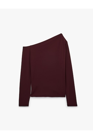 Koton Slim Fit Drapeli Asimetrik Kesim Uzun Kollu Tek Omuz Tişört Bordo 7wak50088ek