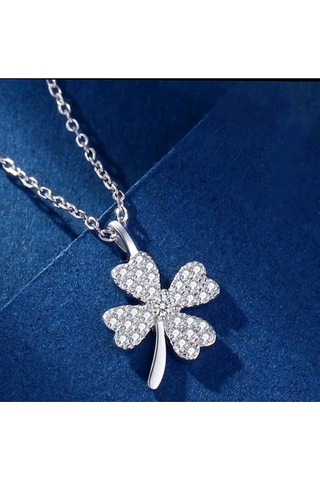 925ayar Gümüş Zirkon Taşlarla Süslü Dört Yapraklı Yonca Şans Kolye