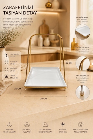 Gold Metal Standlı Melamin Servis Tepsisi Dekoratif Sunum Standı