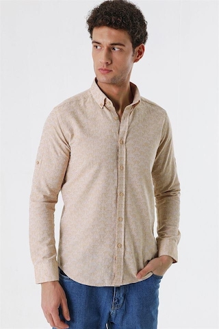 İmza Bej Kısalabilir Kollu Desenli Jakarlıcepsiz %100 Pamuk Casual Slim Fit Gömlek 1004230181-bej Bej
