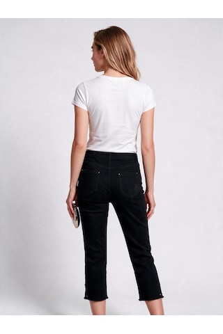 Seleste Kadın Yüksek Bel Düz Kesim Püsküllü Paça Crop Denim Pantolon Siyah