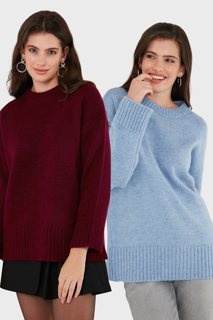 Lela Regular Fit Bisiklet Yaka Basic 2'Li Paket Triko Bayan Kazak 4616213S2 Bebe Mavi-Bordo